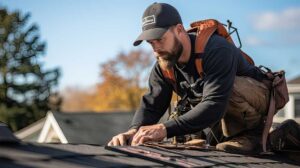 A worker checks the flashing and seal around a modern skylight window on a shingled residential roof.