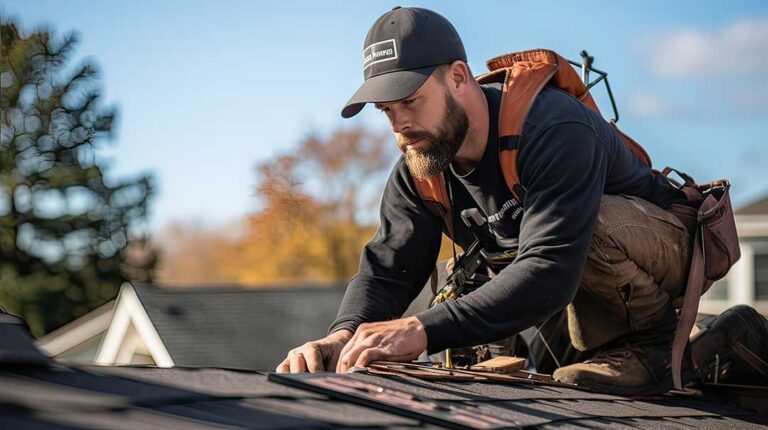 A worker checks the flashing and seal around a modern skylight window on a shingled residential roof.
