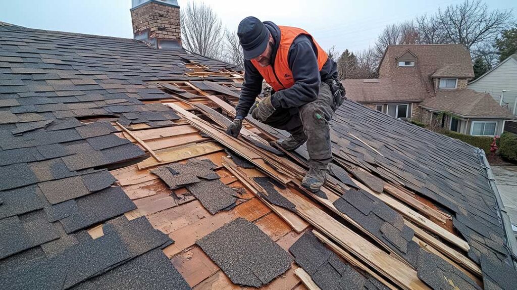 A split-view house roof showing asphalt shingles on one side and metal panels on the other.