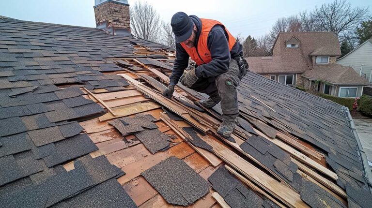 A split-view house roof showing asphalt shingles on one side and metal panels on the other.