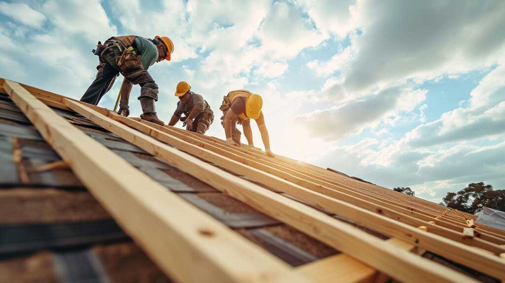 An open attic with clean insulation between joists, roof rafters, ventilation channels, and a worker checking coverage.