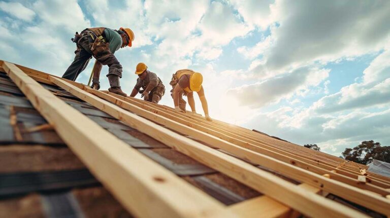 An open attic with clean insulation between joists, roof rafters, ventilation channels, and a worker checking coverage.